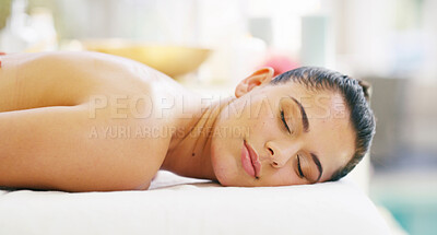 Buy stock photo Massage, relax and sleeping with woman in spa for luxury treatment, peace or stress relief. Break, therapy and wellness with customer on bed or table in salon for getaway, holiday or vacation