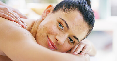 Buy stock photo Happy woman, portrait and relax with masseuse at spa for back massage, body treatment or zen at luxury resort. Face, female person or client with smile for physical therapy or stress relief at salon