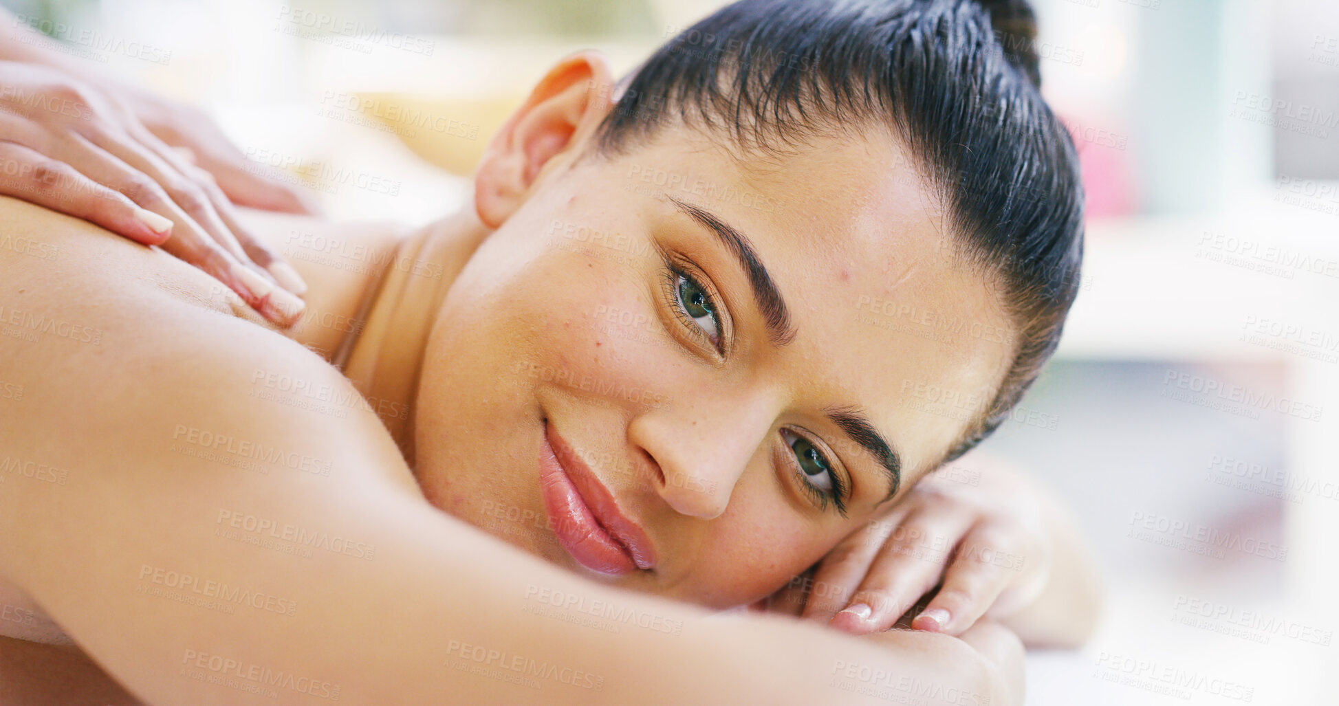 Buy stock photo Happy woman, portrait and relax with masseuse at spa for back massage, body treatment or zen at luxury resort. Face, female person or client with smile for physical therapy or stress relief at salon