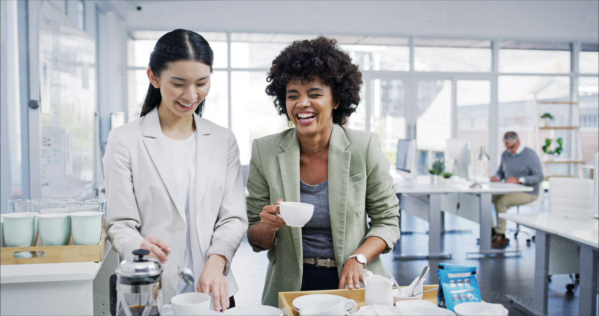 Buy stock photo Happy women, coffee break and office with talk, relax and comfort for conversation in business. Female people, laugh and drinking tea for lunch in kitchen, accounting firm or company for hot beverage