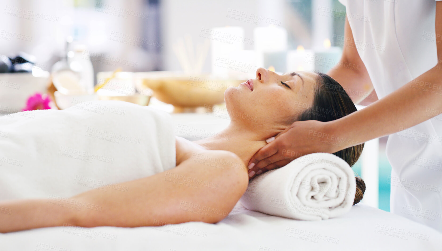 Buy stock photo Woman, hands and spa with masseuse for facial treatment, relaxation or massage at luxury resort. Calm, female person or therapist with client for physical therapy or stress relief at beauty salon