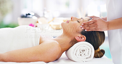 Buy stock photo Woman, hands and relax with masseuse for facial treatment or massage at luxury resort or spa. Calm, female person or therapist with client for physical therapy, zen or stress relief at beauty salon