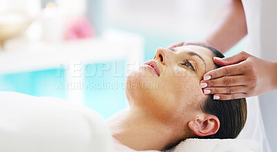 Buy stock photo Woman, hands and relax with masseuse for spa facial, treatment or massage at luxury resort. Calm, female person or therapist with client for physical therapy, zen or stress relief at beauty salon