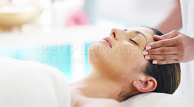Buy stock photo Calm woman, hands and relax with masseuse for spa facial, treatment or massage on bed at luxury resort. Female person, therapist and client for physical therapy, zen or stress relief at beauty salon