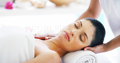 Buy stock photo Woman, relax and massage at spa outdoor with cosmetic, dermatology treatment and hospitality service. Client, masseuse and sleeping with body pamper, luxury resort and skincare wellness for self care