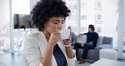 Buy stock photo Woman, coffee break and office with aroma, eyes closed and cup as receptionist for accounting firm. Female person, relax and drinking tea for lunch in kitchen, business and company for hot beverage