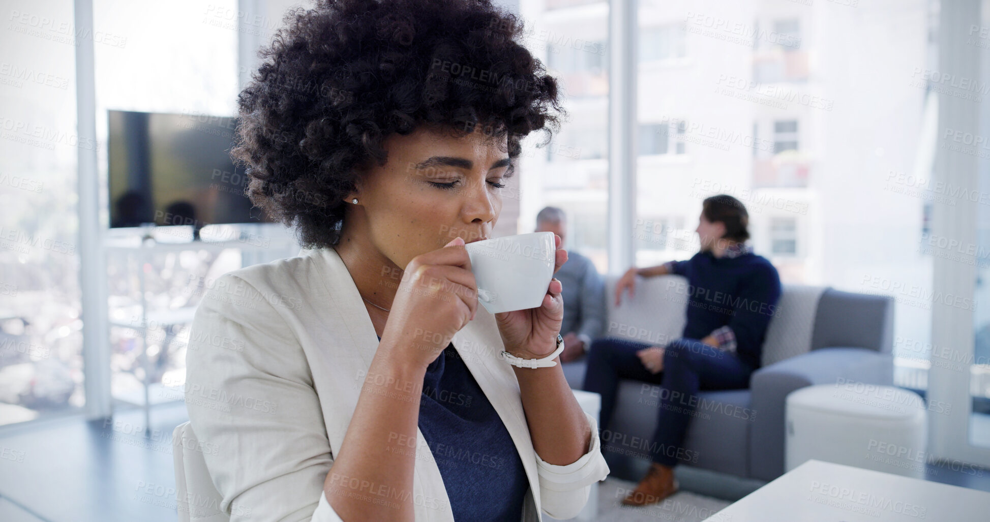 Buy stock photo Woman, coffee break and office with aroma, eyes closed and cup as receptionist for accounting firm. Female person, relax and drinking tea for lunch in kitchen, business and company for hot beverage