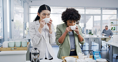 Buy stock photo Businesswomen, coffee break and drinking tea with secret, joke and conversation as employees. Female people, company and gossip for lunch, hot beverage or professional in accounting firm or office