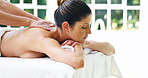 Woman, masseuse and back massage at spa of stress relief, dermatology treatment and hospitality service. People, relax and sleep with body pamper, natural cosmetics and skincare wellness of self care