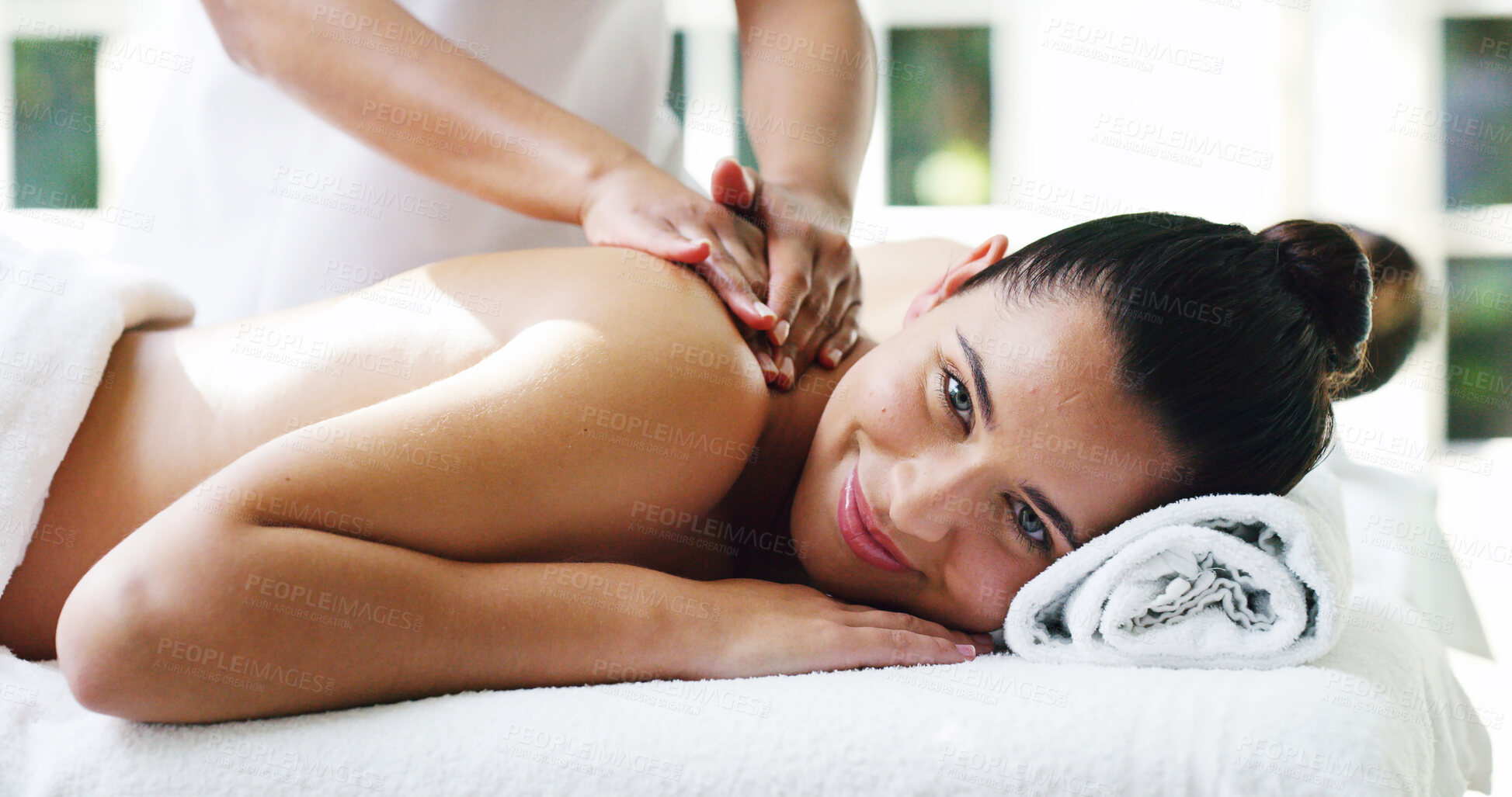 Buy stock photo Happy woman, portrait and masseuse with back massage at spa for relaxation or stress relief at luxury resort. Female person, masseur and client with smile for physical therapy or zen at beauty salon