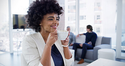 Buy stock photo Happy woman, coffee break and office with cup, relax and comfort as receptionist for accounting firm. Female person, smile and drinking tea for lunch in kitchen, business and company for hot beverage