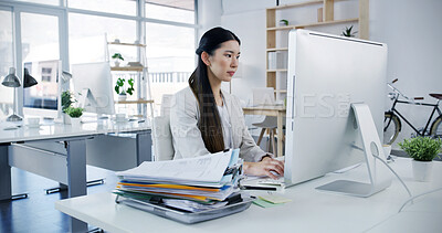 Buy stock photo Planning, office and business Asian woman on computer for online project, website and internet. Professional, corporate and person on pc with documents for research, proposal review or administration