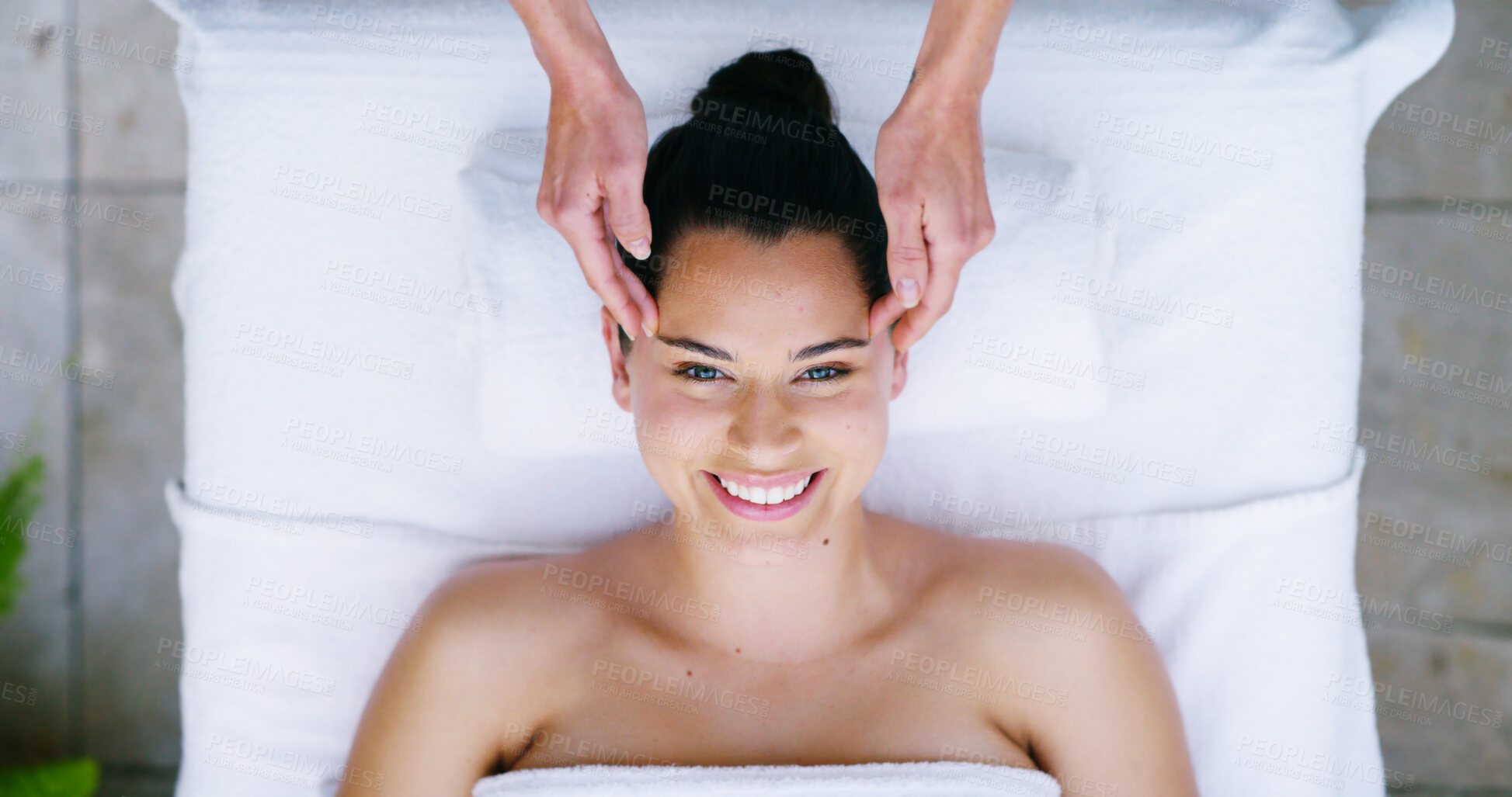 Buy stock photo Portrait, woman and smile with massage at spa for relaxing, dermatology treatment with hospitality service. People, masseuse and rest for body pamper, luxury resort and skincare wellness of self care