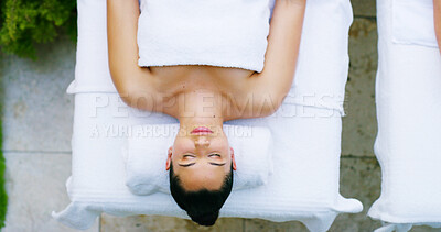 Buy stock photo Woman, spa and relax for massage with sleeping for luxury, self care and wellness. Female person, customer and from above on break or resting at resort for body therapy service, treatment or peace