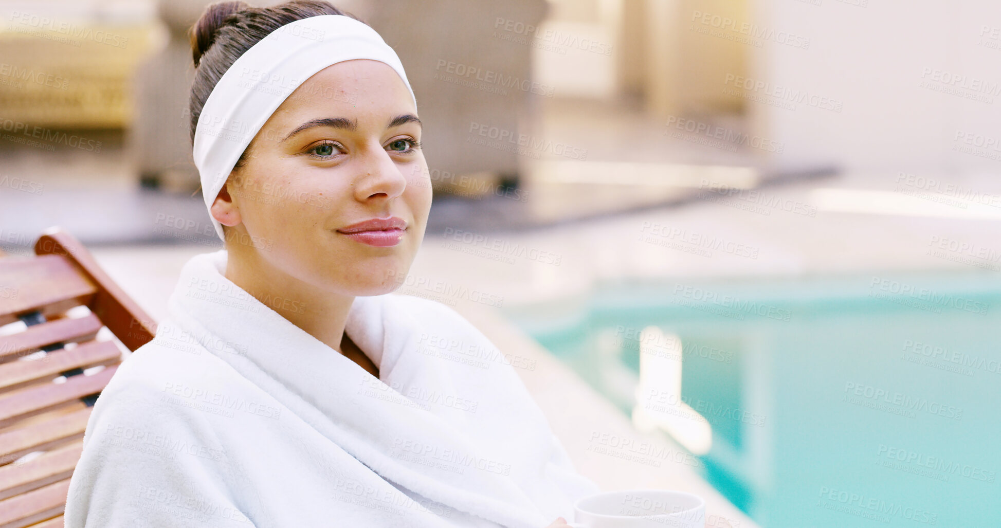 Buy stock photo Relax, pool and woman at spa for wellness, health and satisfaction at resort, hotel and luxury pamper. Aesthetic, happy and person smile for dermatology, cosmetics treatment and beauty therapy