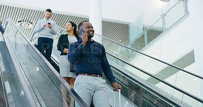 Buy stock photo Escalator, business people and man with phone call, airport and international with global industry. Employee, schedule and consultant with stairs, smartphone and conversation with digital app 