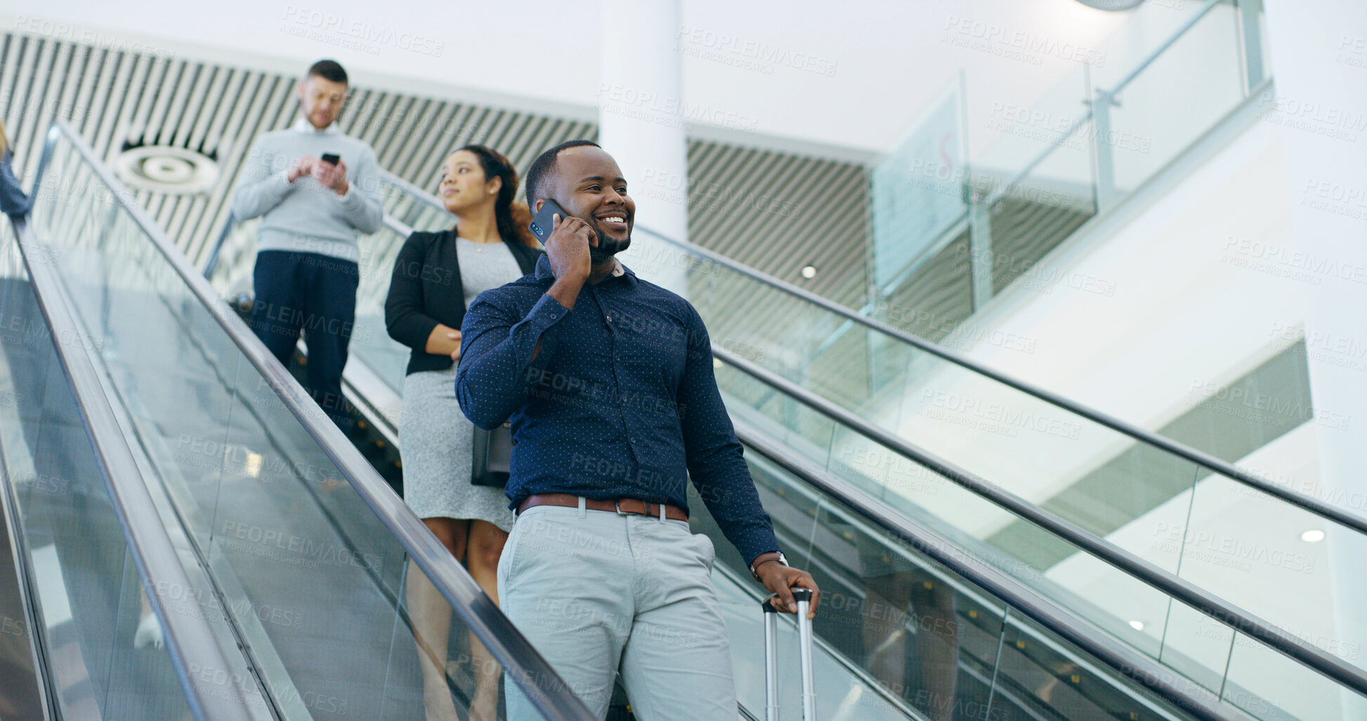 Buy stock photo Escalator, business people and man with phone call, airport and international with global industry. Employee, schedule and consultant with stairs, smartphone and conversation with digital app 