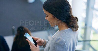 Buy stock photo Business, escalator and woman with phone in office for checking notifications, website search or mobile chat. Professional, person and smartphone for online networking, reading email or social media