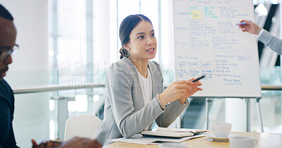 Buy stock photo Business woman, advice and project proposal for training, communication and erp notes with whiteboard report. Manager, team and office for documents, collaboration or partnership for b2b discussion