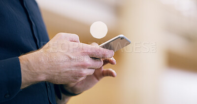 Buy stock photo Business, hands and person with smartphone, typing and internet with connection. Closeup, employee and journalist with cellphone, mobile user or tech with social media, communication or app for email