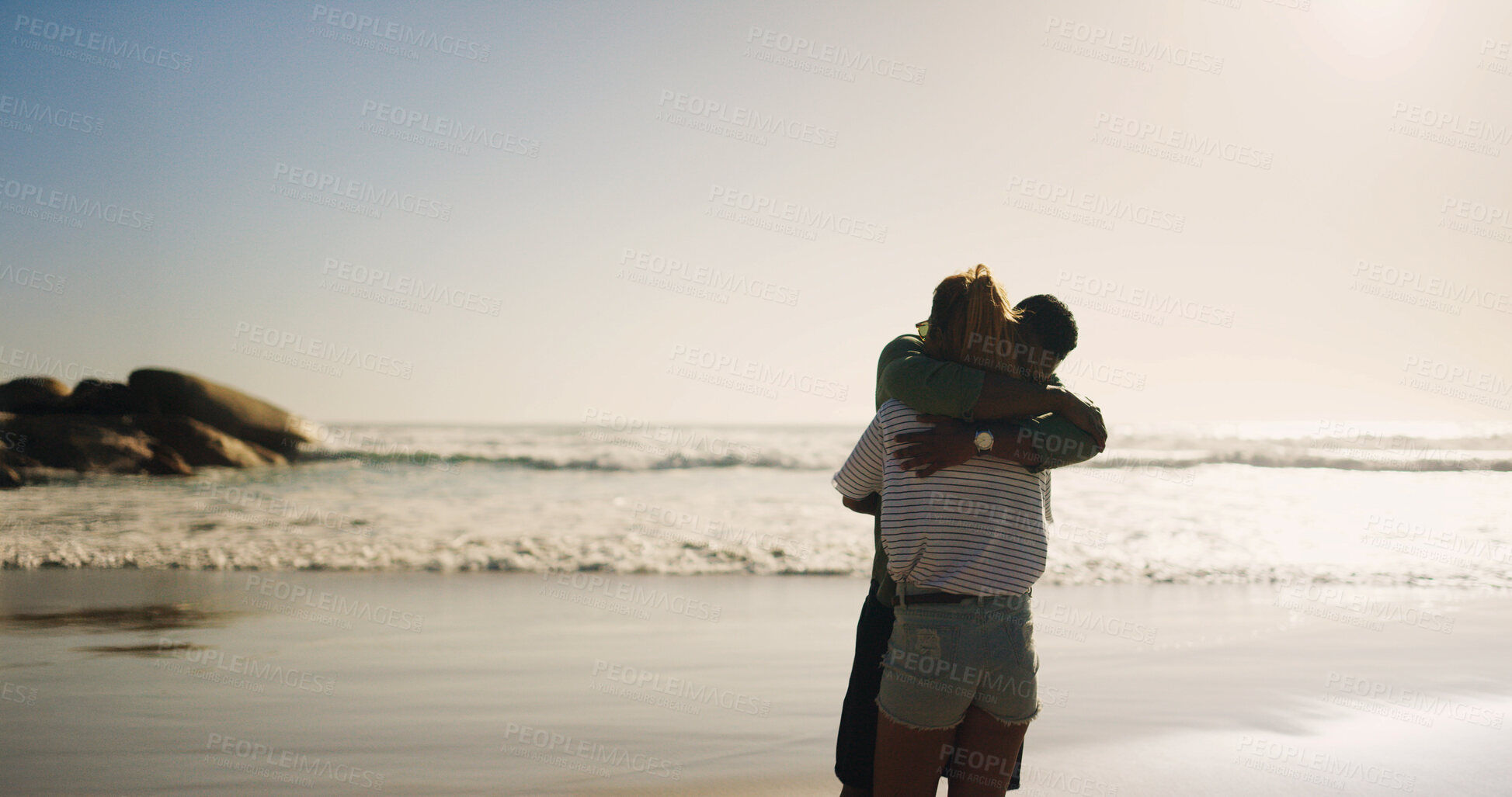 Buy stock photo Hug, back and couple on vacation, beach and affection for reunion, mockup and romance on getaway or love. Embrace, space and celebration for anniversary, date and people on holiday, travel or Florida