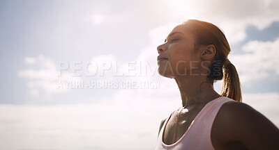 Buy stock photo Outdoor, woman and exercise break with sweat or breathing for fitness, health and self care. Female person, sky and tired or exhausted with eyes closed for workout, training and running with space