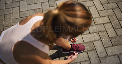 Buy stock photo Outdoor, woman and tie shoelace for fitness, running and walking for health. Female person, from above and preparing in training shoes with jogging, exercise and workout for wellness or self care