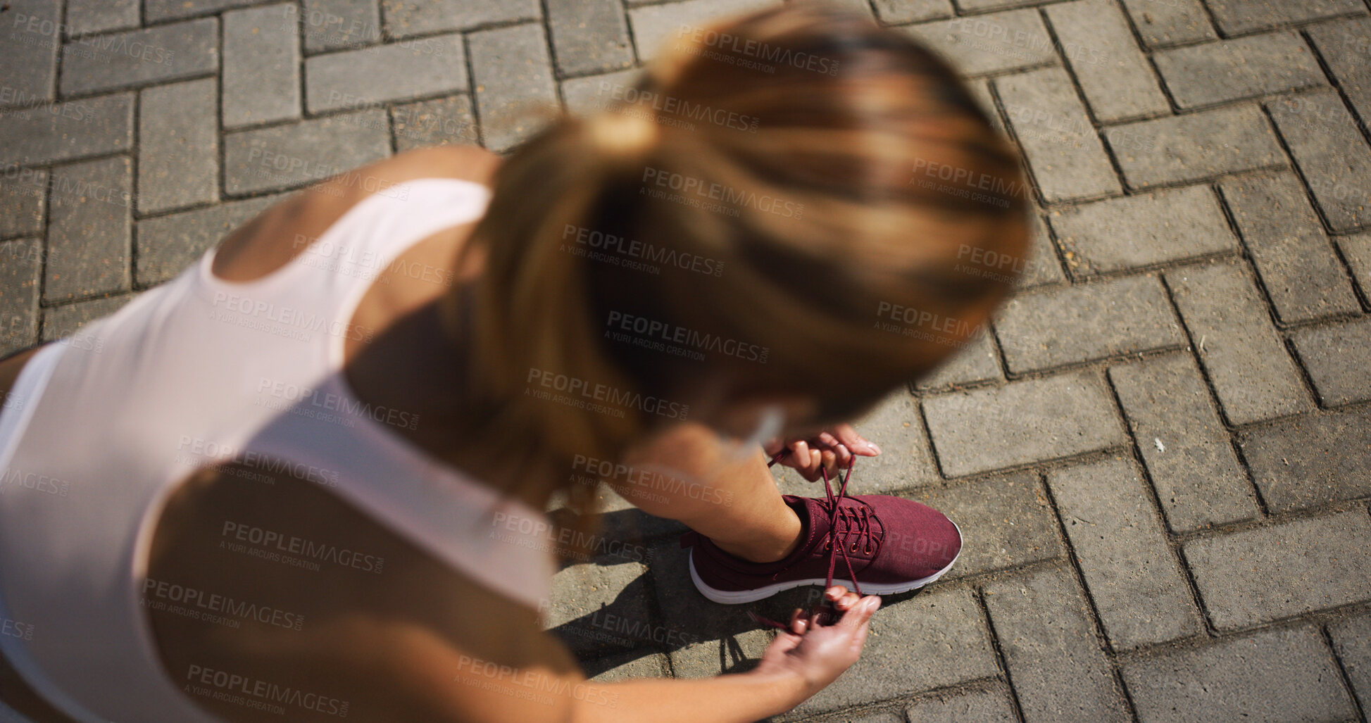 Buy stock photo Outdoor, woman and tie shoelace for fitness, running and walking for health. Female person, from above and preparing in training shoes with jogging, exercise and workout for wellness or self care