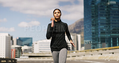 Buy stock photo Outdoor, woman and running for fitness in road at city for self care, health and wellbeing in Brazil. Female person, jog and serious or committed with routine for exercise, workout and training