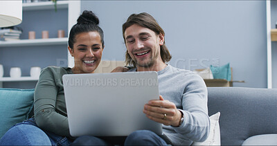 Buy stock photo Home, sofa and couple with laptop for comedy, streaming and bonding together with entertainment. Happy people, man and woman with laughing for digital joke, watching movie and connection in marriage