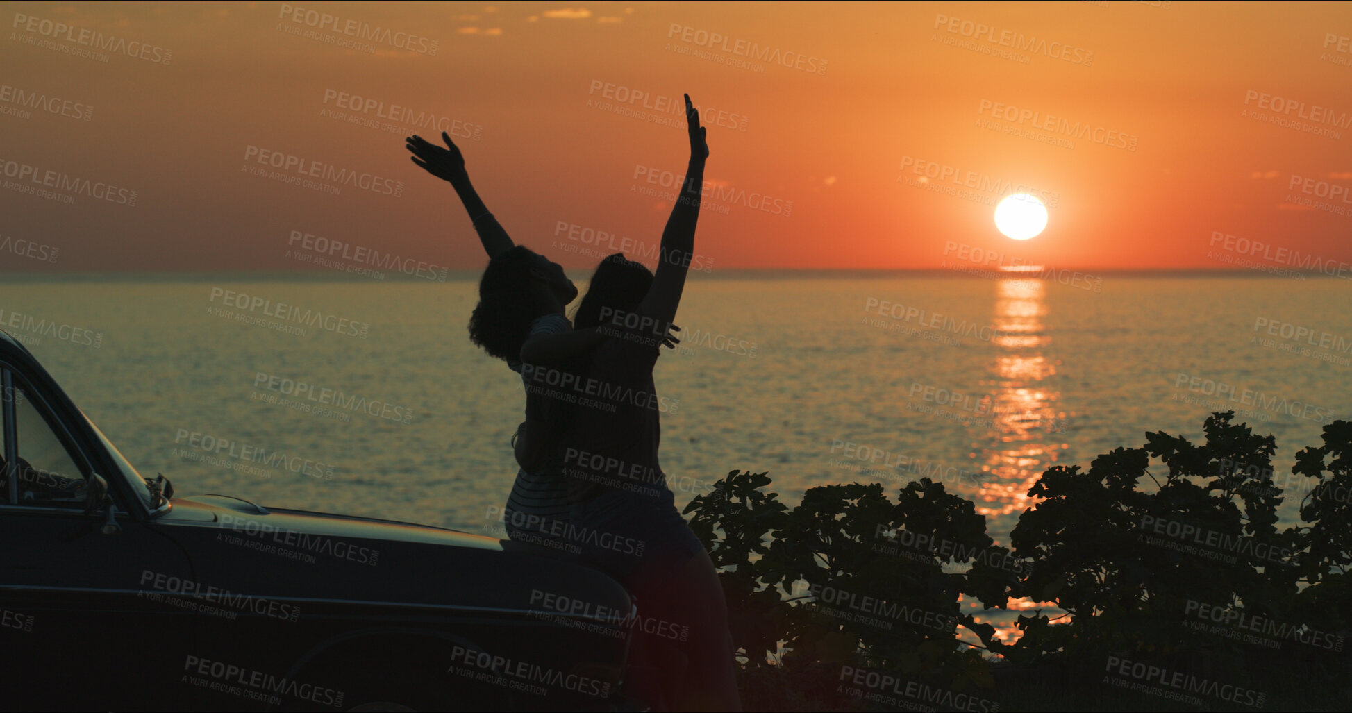 Buy stock photo Sunset, couple and freedom with travel by beach with hugging, holiday adventure or summer memory. Silhouette, lesbian people or view of ocean by car on weekend vacation, bonding together or road trip