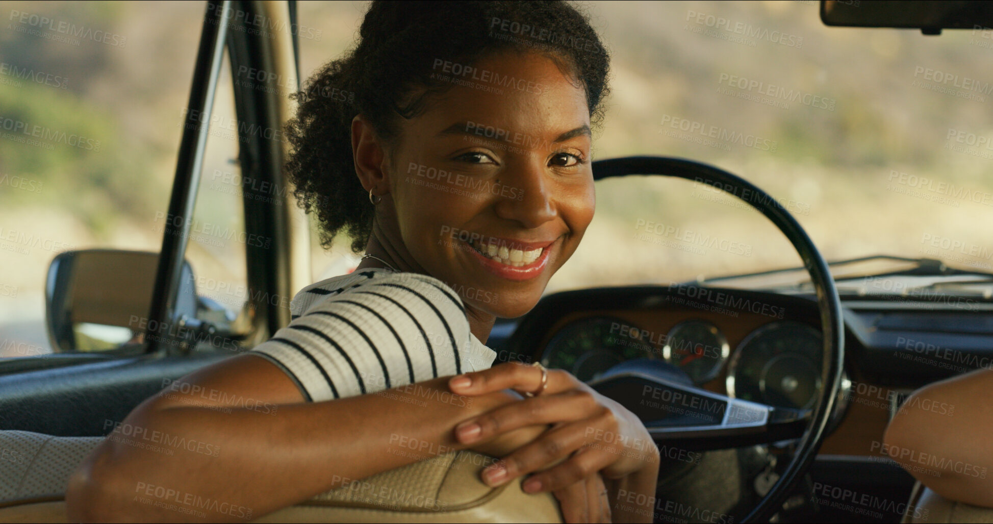 Buy stock photo Black woman, portrait and driver in car on road trip, confidence and weekend for freedom. Female person, countryside holiday and tourist on open street for journey, travel and outdoor on vacation