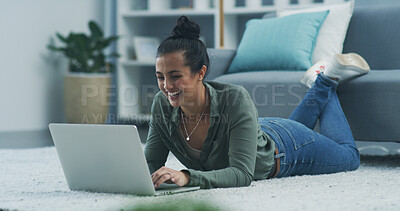 Buy stock photo House, student and woman on floor, laptop and smile with research for project, network and connection. Apartment, person and girl on carpet, computer and email for scholarship, internet and proposal