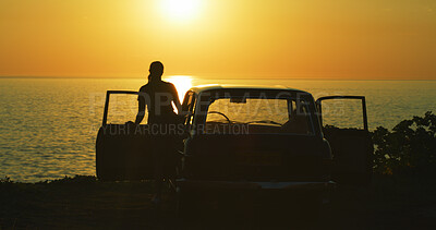 Buy stock photo Person, car and travel with beach sunset for holiday, vacation or stop at destination in nature. Back, tourist or sightseeing with natural scenery or sunshine for journey or adventure by ocean coast