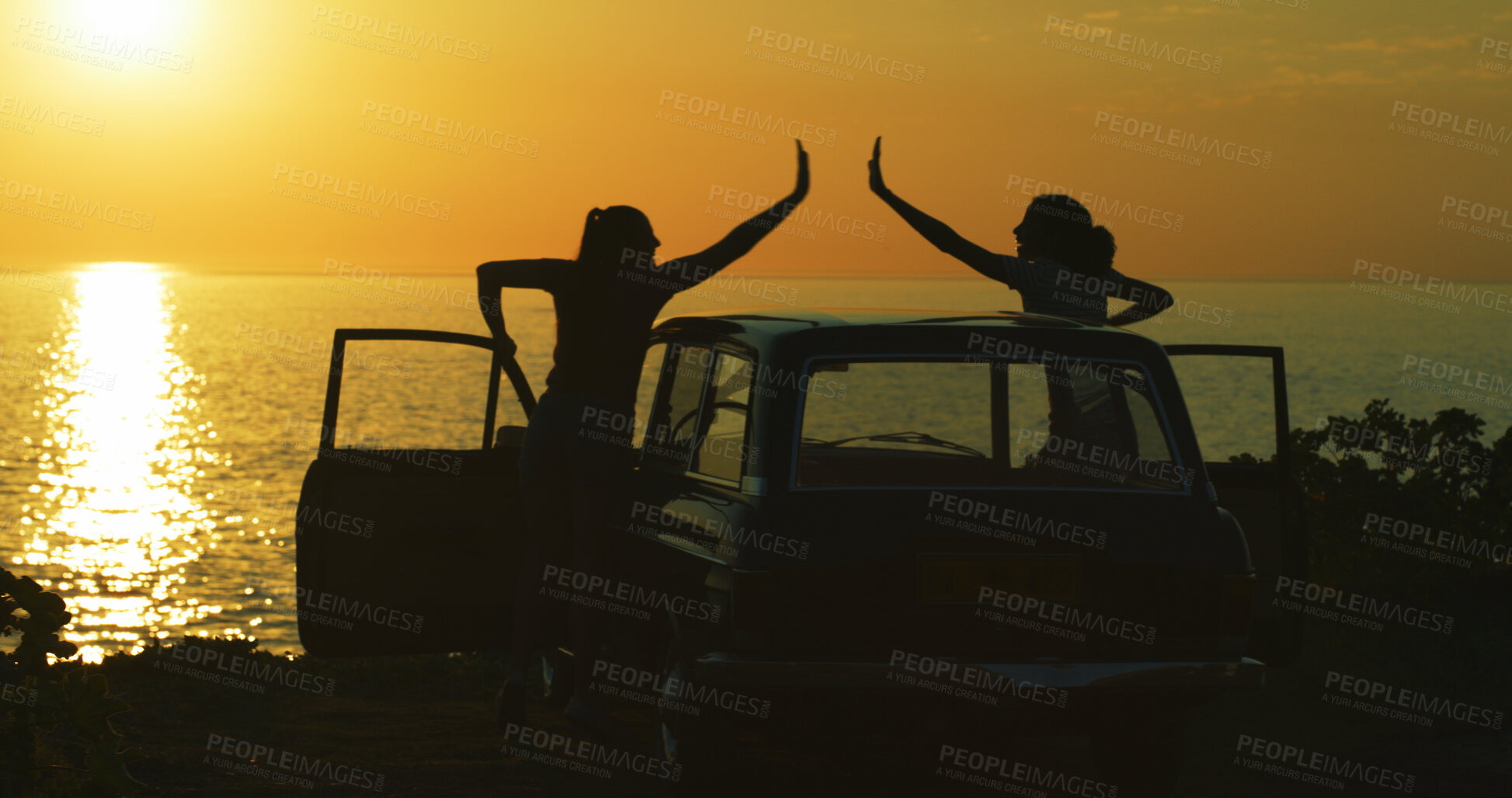 Buy stock photo People, car and high five with beach sunset for holiday, vacation or stop at destination in nature. Friends, tourist or silhouette with freedom for sightseeing journey or adventure by ocean coast