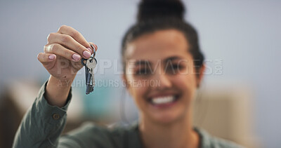 Buy stock photo Happy woman, hands and key for new home, moving and real estate or mortgage loan approval with joy. Female person, portrait and smile for rent apartment, property investment and relocation success