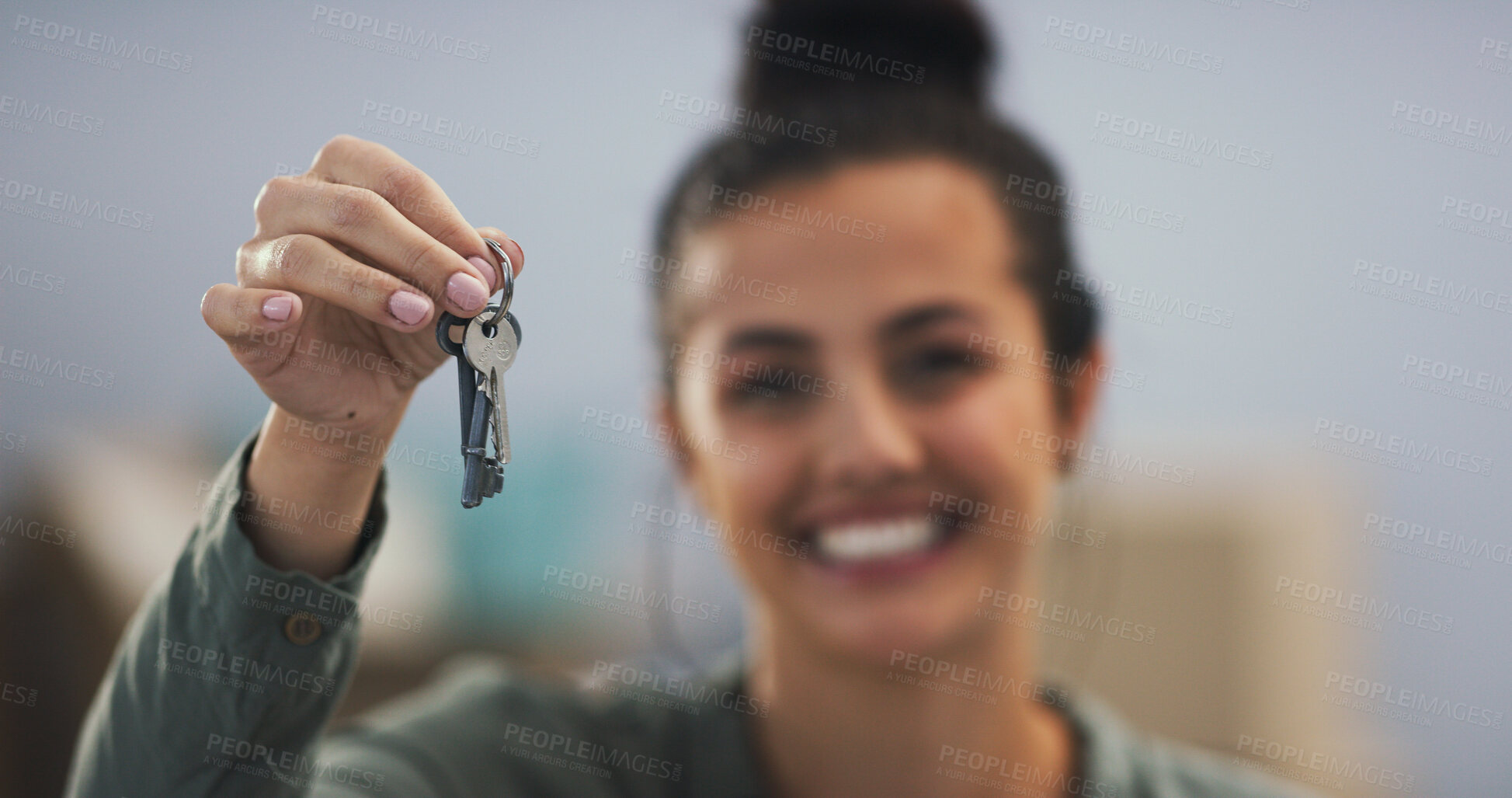 Buy stock photo Happy woman, hands and key for new home, moving and real estate or mortgage loan approval with joy. Female person, portrait and smile for rent apartment, property investment and relocation success