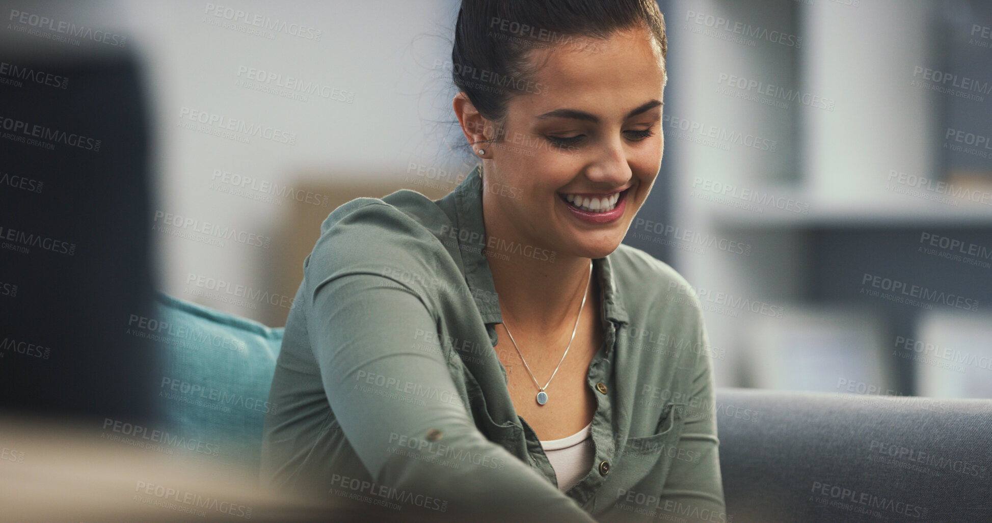 Buy stock photo Woman, happy and apartment with boxes, packing and moving for new house as university student. Female person, excited and spring cleaning for social responsibility, outreach or donation in community 