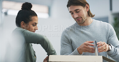 Buy stock photo Home, couple and support with box for unpacking, preparation and bonding together in healthy marriage. People, woman and man with partnership in new house, unboxing or moving in real estate with love