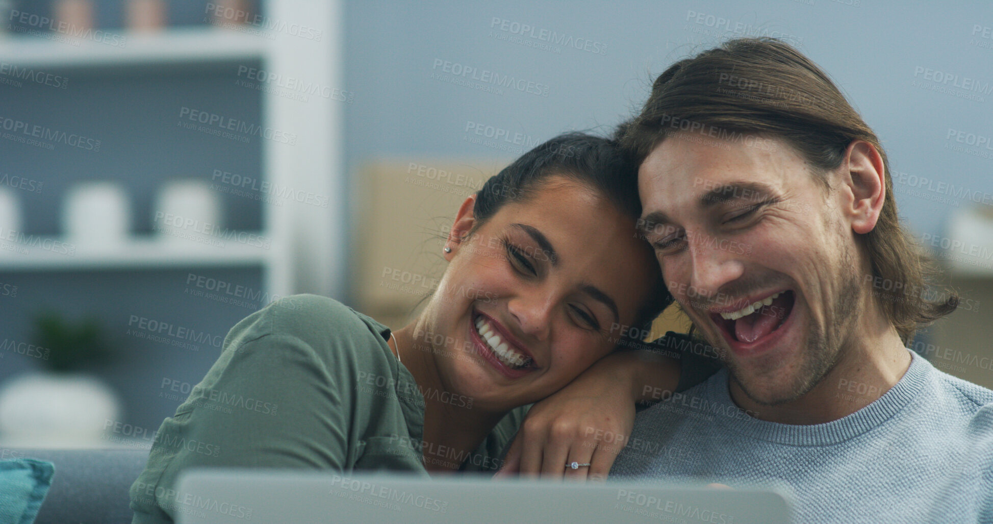 Buy stock photo House, funny and couple on sofa, tablet and humor with connection, love and laughing in living room. Apartment, smile or man with woman on couch, tech or meme with happiness, relax or online joke