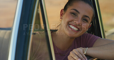 Buy stock photo Woman portrait, vacation and driver in car on road trip, confidence and weekend for freedom. Female person, vehicle adventure and tourist by window for journey, solo travel and outdoor on holiday