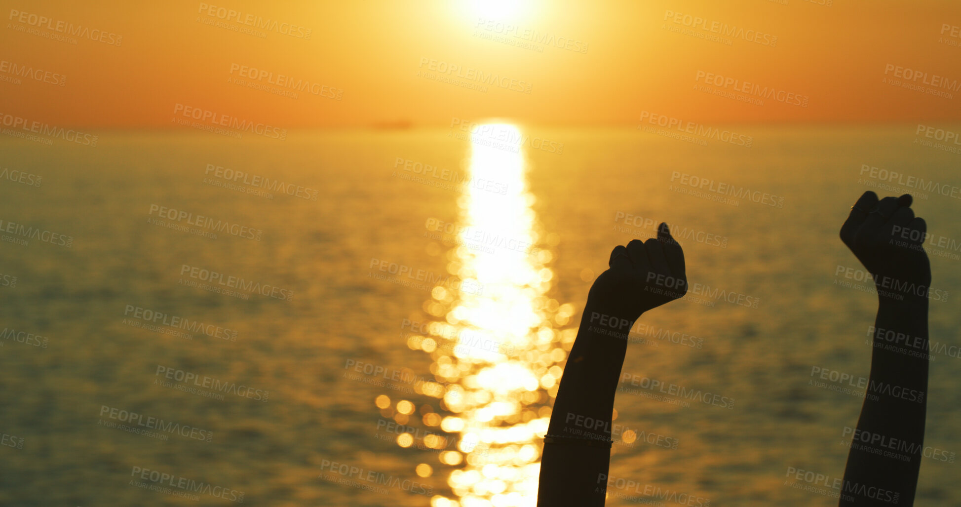 Buy stock photo Sunset, freedom and hands of person at beach for summer vacation, travel and ocean view. Success, celebration and holiday with silhouette of fist pump in nature for mockup, explore and tourism trip