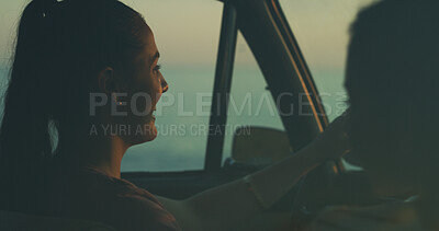 Buy stock photo Happy woman, drive or night with beach stop for road trip, vacation or holiday together in nature. Female person, tourist or friends with smile for destination, natural view or scenery by ocean coast