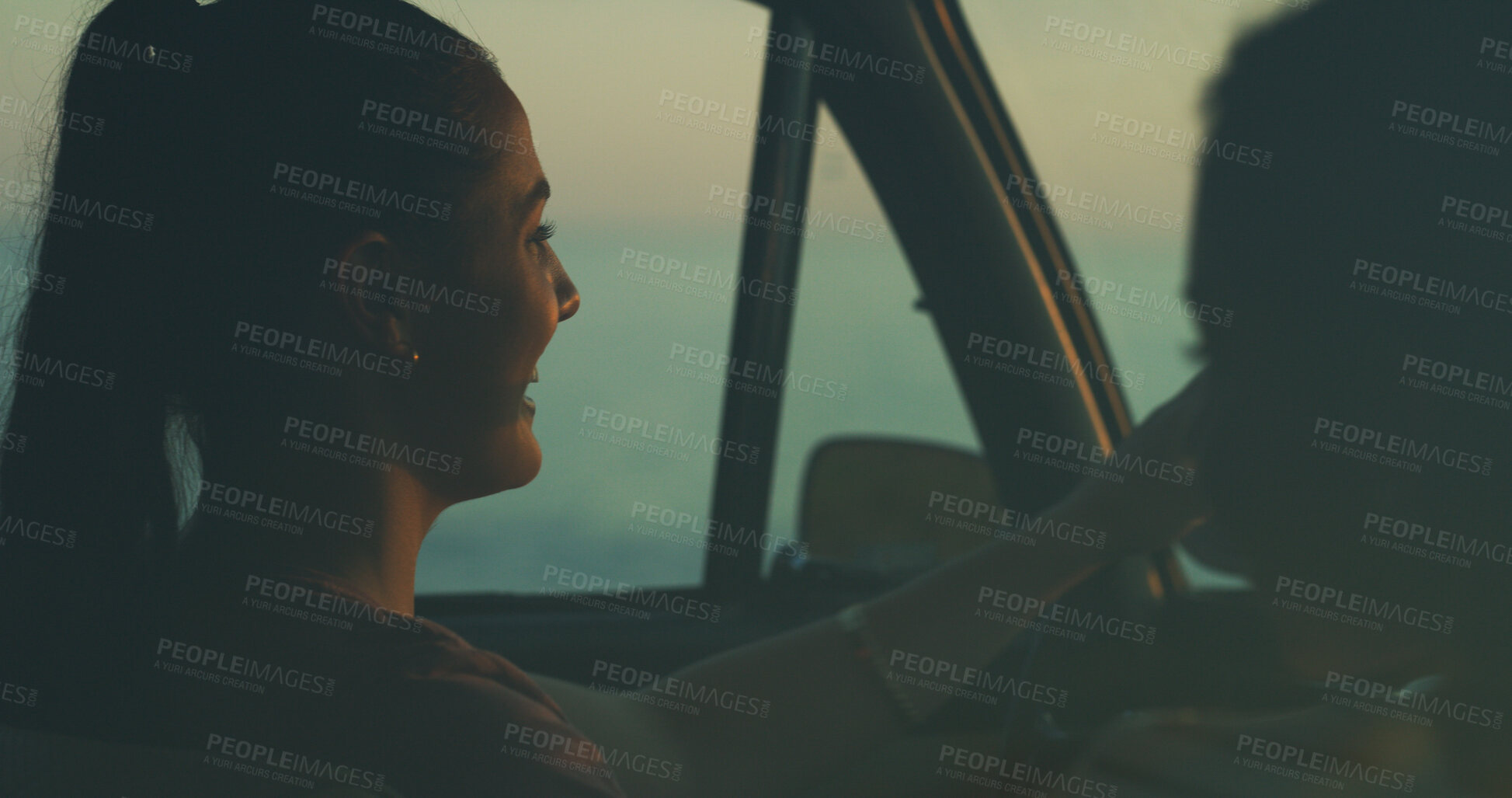 Buy stock photo Happy woman, drive or night with beach stop for road trip, vacation or holiday together in nature. Female person, tourist or friends with smile for destination, natural view or scenery by ocean coast