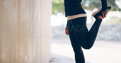 Buy stock photo Person, hands and stretching with leg for fitness, workout preparation or balance in city. Closeup, active or runner with shoe, foot or warm up for running, cardio or training by wall or mockup space