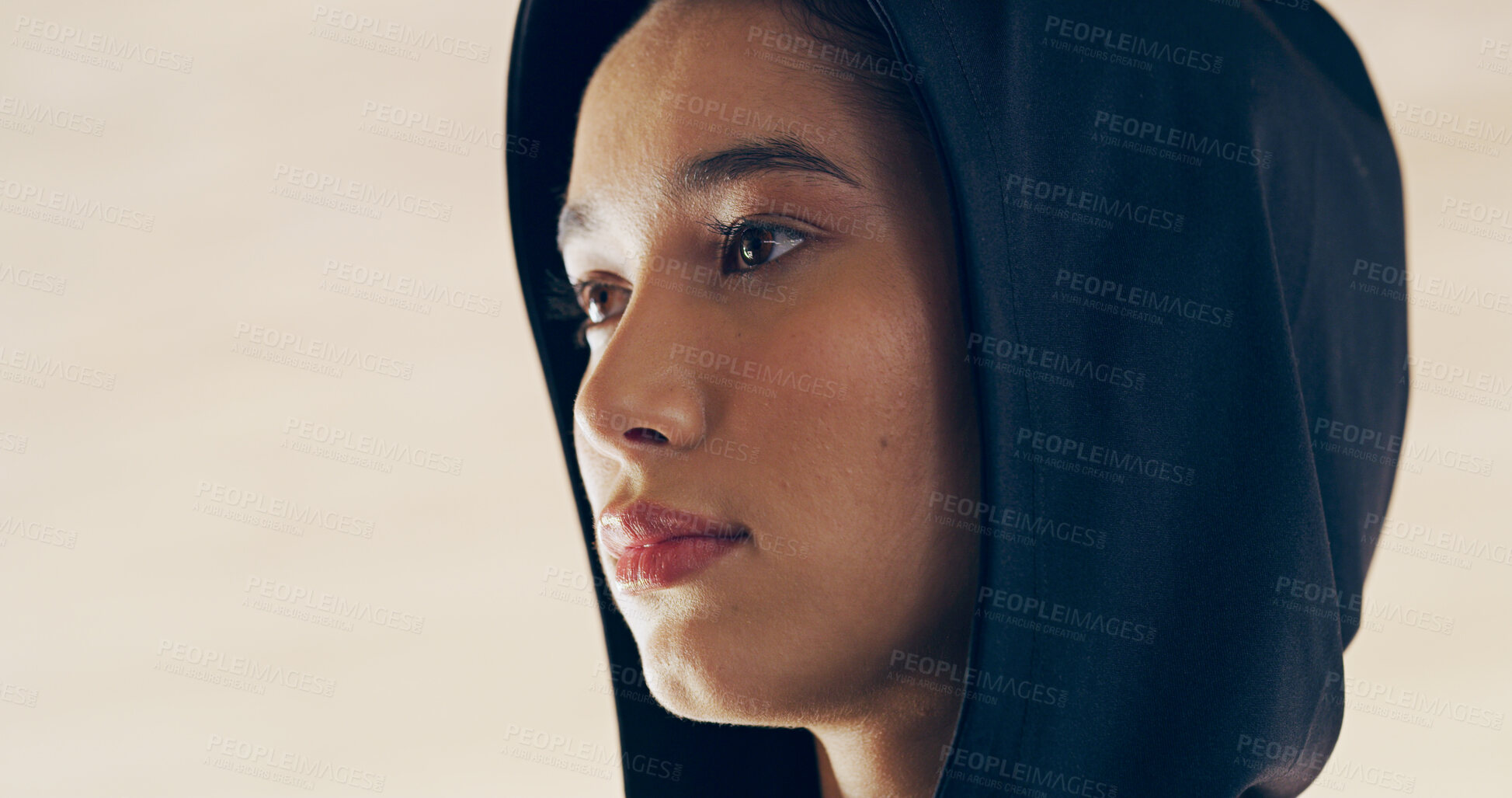 Buy stock photo Fitness, thinking and athlete in hoodie for sport, workout ideas and planning future closeup. Serious, face and woman with determination for exercise mindset, decision and runner on wall background