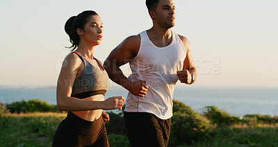 Buy stock photo Running, nature and couple with fitness, training and cardio with journey, wellness and sports. People, marathon and man with woman, support or exercise with race, endurance and workout with practice