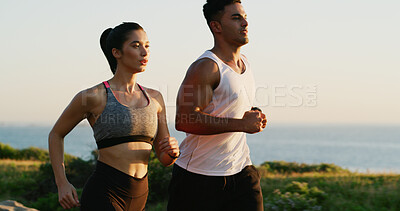 Buy stock photo Running, nature and couple with fitness, exercise and cardio with journey, wellness and sports. People, marathon and man with woman, support or training with race, endurance and workout with practice