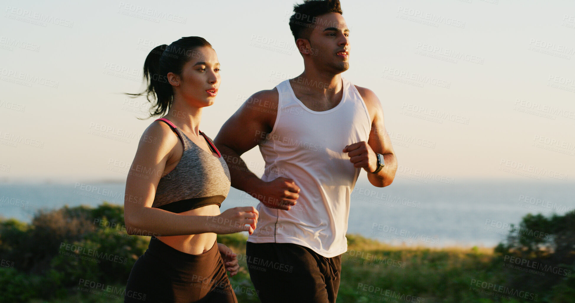 Buy stock photo Running, beach and couple with fitness, training and cardio with journey, wellness and sports. People, marathon and man with woman, challenge or exercise with race, endurance and workout with support