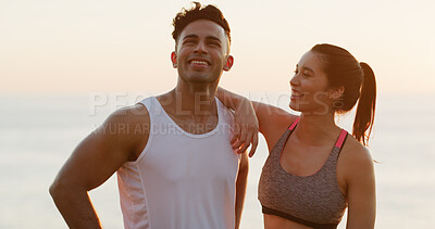 Buy stock photo Happy couple, fitness and break with beach sunset for workout, exercise or training together in nature. Man, woman or partners with smile for healthy routine, wellness or rest by ocean coast or sea